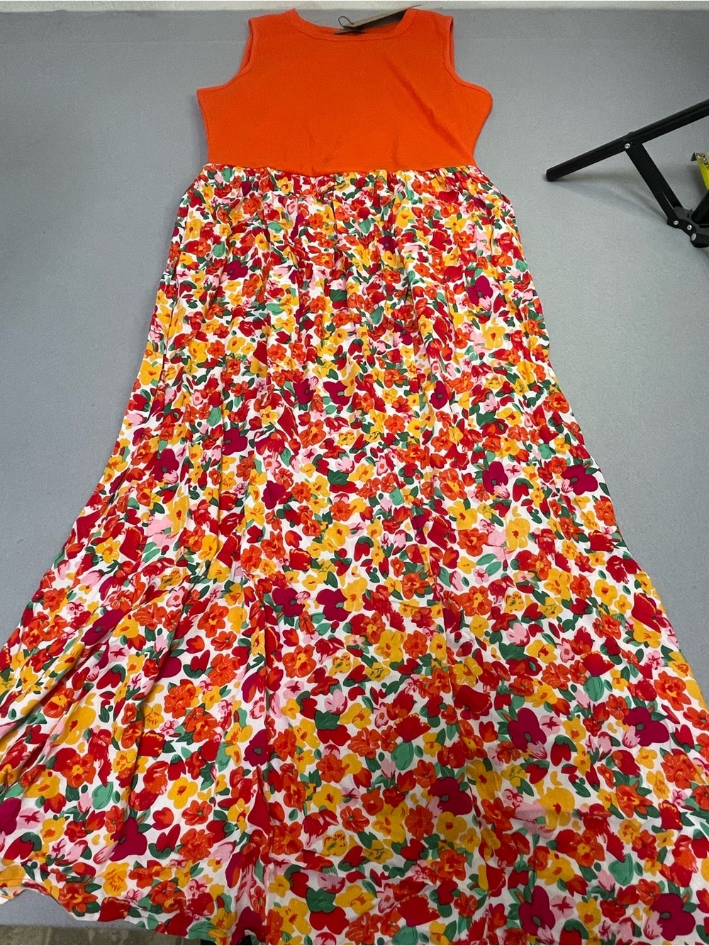 MCKOL Women’s Floral Maxi Sundress L Orange Sleeveless Round Neck Ruffle